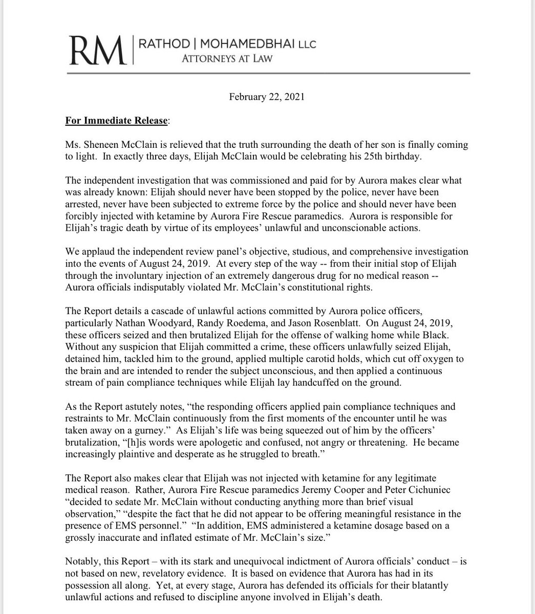 Mekialaya's tweet photo. Here’s the statement #ElijahMcClain’s mother, Sheneen, just released in response to #Aurora’s independent investigative report. She says in part, “Elijah believed in humanity and that humanity mattered. Inhumane humans are a problem and we must stop unjust laws.” https://t.co/3Qiarqx0qC