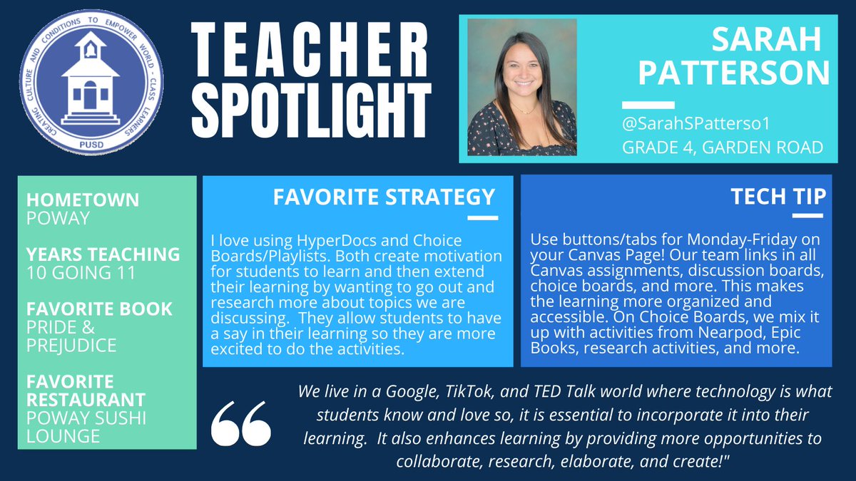 PUSDinnovate's tweet photo. Our next #TeacherSpotlight is @GardenRoadES teacher Sarah Patterson! Read below to learn how Sarah uses choice in her classroom ⤵ @SarahSPatterso1 #PUSDinnovate https://t.co/PSWx8APGu4