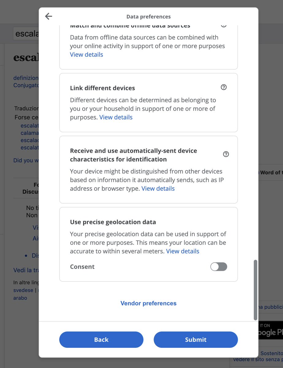polentino911's tweet image. #wordreference privacy settings UI is insane:
* let&apos;s make a &quot;Data preferences&quot; page with few toggles;
* let&apos;s show a tiny, blue text called &quot;Vendor preferences&quot;;
* click it!
* display a shitload of toggles in there (see the scrollbar?);
* don&apos;t provide a &quot;Reject all&quot; button.
WTF