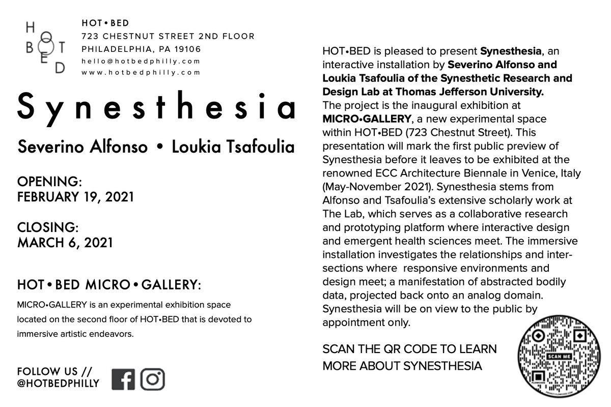 Sharing this amazing installation at Hot Bed Gallery from 2/19-3/6. Synesthesia is an immersive installation where responsive environments and design meet. Reservations are quickly filling up! calendly.com/hotbedappointm… #design #healthsciences #interactivedesign #agency