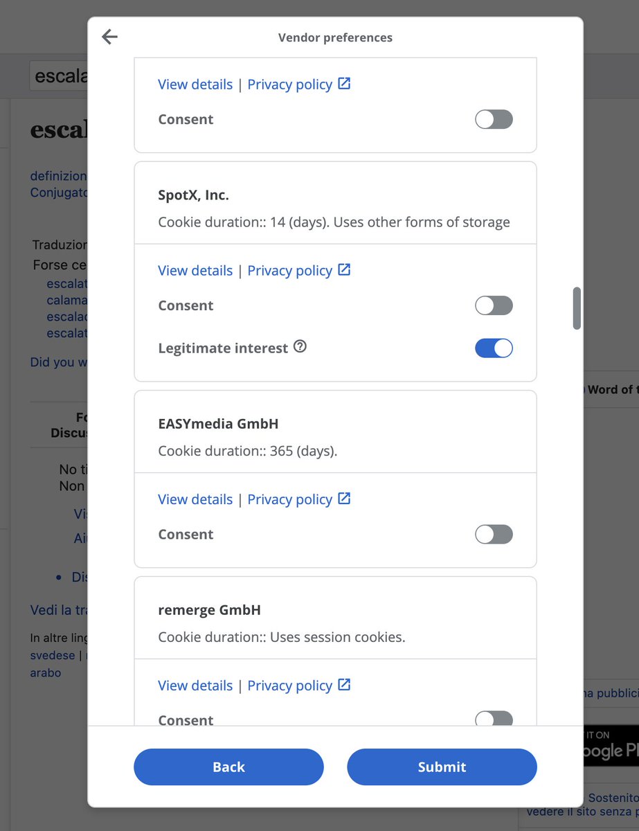 polentino911's tweet image. #wordreference privacy settings UI is insane:
* let&apos;s make a &quot;Data preferences&quot; page with few toggles;
* let&apos;s show a tiny, blue text called &quot;Vendor preferences&quot;;
* click it!
* display a shitload of toggles in there (see the scrollbar?);
* don&apos;t provide a &quot;Reject all&quot; button.
WTF