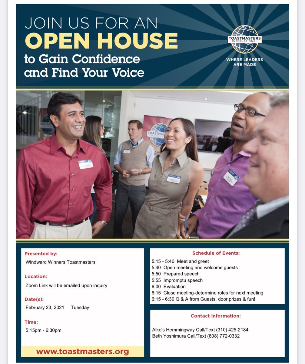 windwardsrotary's tweet photo. OPEN HOUSE 2/23 @ 5:15pm! ☕️Ever wanted to be better at public speaking? Not just giving formal presentations, but small talk, networking, impromptu remarks, or joyful toasts? 🤔 Windward Toastmasters group is for you! Build confidence with an accepting and encouraging group! https://t.co/d54o56DbYX