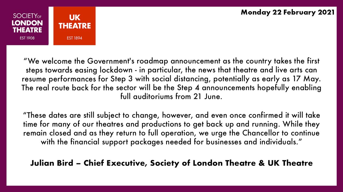 Statement from Julian Bird, Chief Executive Society Of London Theatre &amp; UK Theatre.