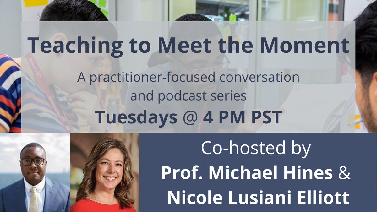 StanfordEd's tweet photo. On this week's Teaching to Meet the Moment, hosts @hines_historic and @nicolelusiani discuss "Leveraging Student Assets" with panelists Christoper J. Cornier, Christina Johnson, and Tim Leistikow. Join us Tuesday 2/23 at 4 pm PT. #T2MTM #edequity RSVP: https://t.co/g7Chm6JXOZ https://t.co/y0ASNjJJld