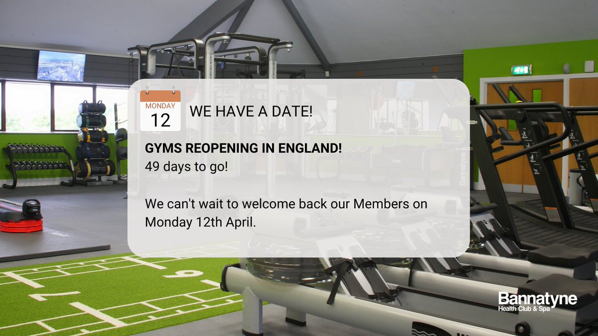 Monday 12th April! We are delighted to finally have a date when we can safely welcome back our Members into our Health Clubs in England. We'll be in touch soon with more info, we appreciate your patience whilst we put together this information. STAY FIT STAY SAFE