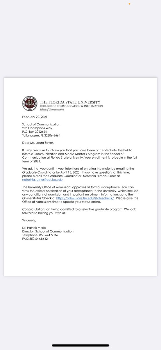 laurathestara's tweet image. Big news today! Just got accepted into FSU’s @FSUGRADCOMM PIMC program! Here’s to the future. @FSUGS