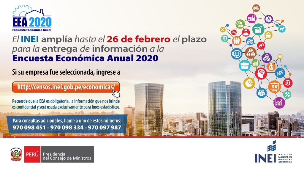 INEI_oficial's tweet photo. ☝️🙂La Encuesta Económica Anual - #EEA2020, se ejecutará hasta el 26 de febrero del presente año, la cual comprende una muestra de 24 mil 712 empresas privadas a nivel nacional.
✅Ingrese a la encuesta: https://t.co/sc1UK9Zqpy
✅Más información : https://t.co/zE0AlLSO4Y https://t.co/lks1yIsT0k
