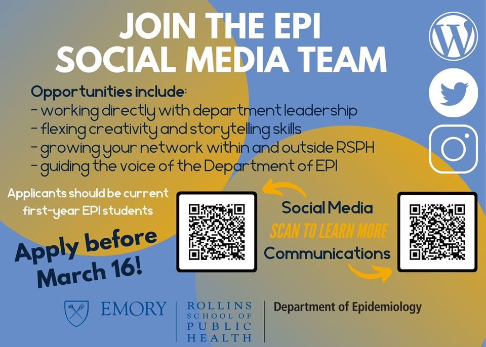 Emory Epidemiology (@emoryepi) on Twitter photo The <a href="/EmoryEPI/">Emory Epidemiology</a> social team is looking for 3 current first-year students to join our team! The job will allow you to help shape the departmentās voice and grow your own network. The deadline to apply is March 16, and the QR codes below are a direct link to the application ā¬ļø The <a href="/EmoryEPI/">Emory Epidemiology</a> social team is looking for 3 current first-year students to join our team! The job will allow you to help shape the departmentās voice and grow your own network. The deadline to apply is March 16, and the QR codes below are a direct link to the application ā¬ļø