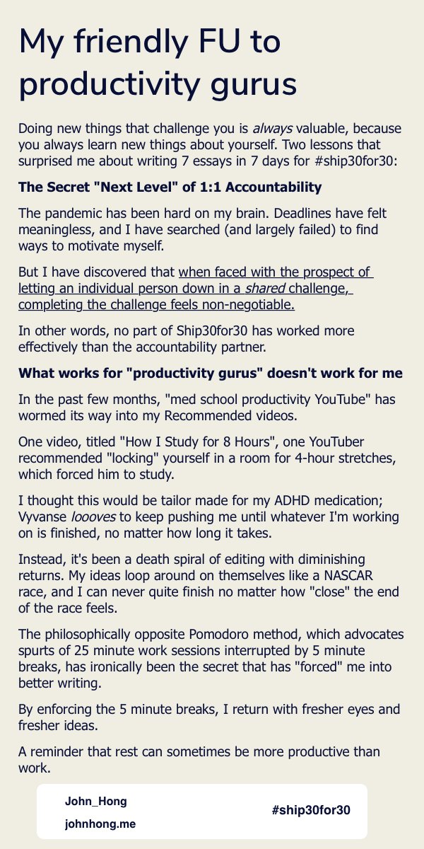 Two productivity lessons I've learned from #ship30for30:

1. The fear of not holding up your end of the bargain motivates like crazy (S/O to <a href="/K_Tskhay/">Konstantin Tskhay 📈</a>)

2. For a better creative product, forcing myself to take breaks > forcing myself to keep working
