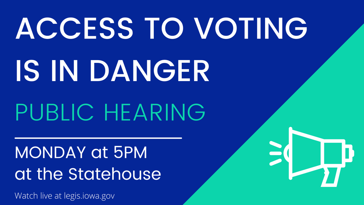 PUBLIC HEARING ALERT: Tonight at the Statehouse, make your voice heard against the new voter suppression bill that makes it more difficult for Iowans to vote. We need Iowans to sign-up to speak, leave a comment, or watch live at: legis.iowa.gov/committees/pub… #ialegis