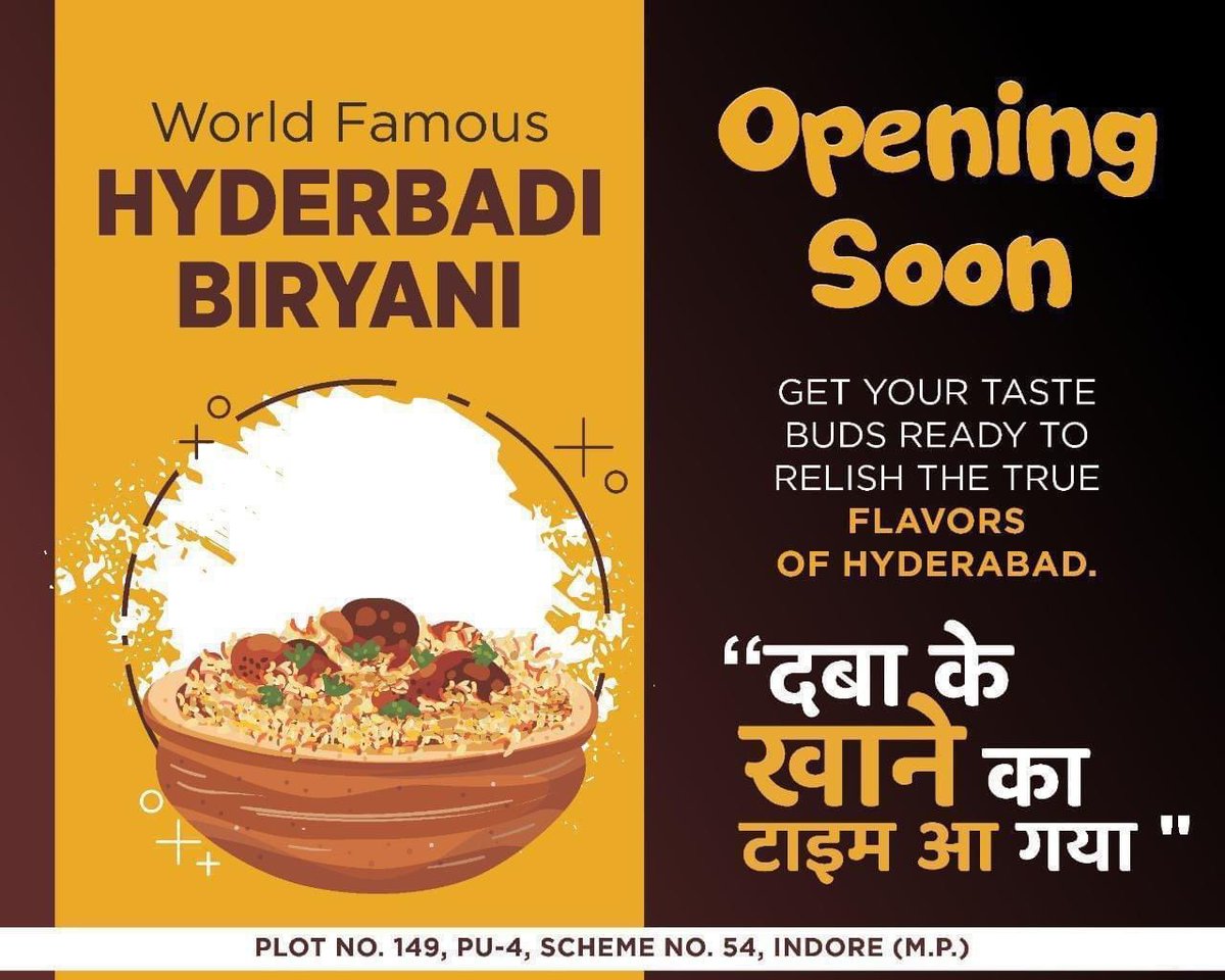 vsk8314's tweet photo. HELLO #INDORIANS , IT'S ABOUT TIME WE PROUDLY INTRODUCE YOU TO RELISH THE TRUE FLAVOURS OF HYDERBADI CUSINE . 

FROM THE LANDS OF NAWABS TO THE MITTI OF MALWA , BRINGING YOU 
" THE WORLD FAMOUS #HYDERBADI #BIRYANI " 

 Indore, India Indore City https://t.co/XT6Z5D5CMq