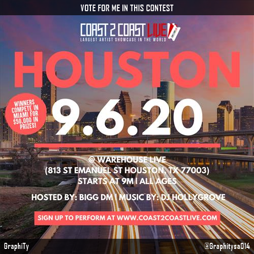 Vote for me to perform for  $50,000 in Prizes!  at #Houston All Ages 4/5/21! https://t.co/OfOfbiyVwX<a href="/tag/houston"class="tags"><span>#houston</span></a><a href="/tag/coast2coast"class="tags"><span>#coast2coast</span></a>
