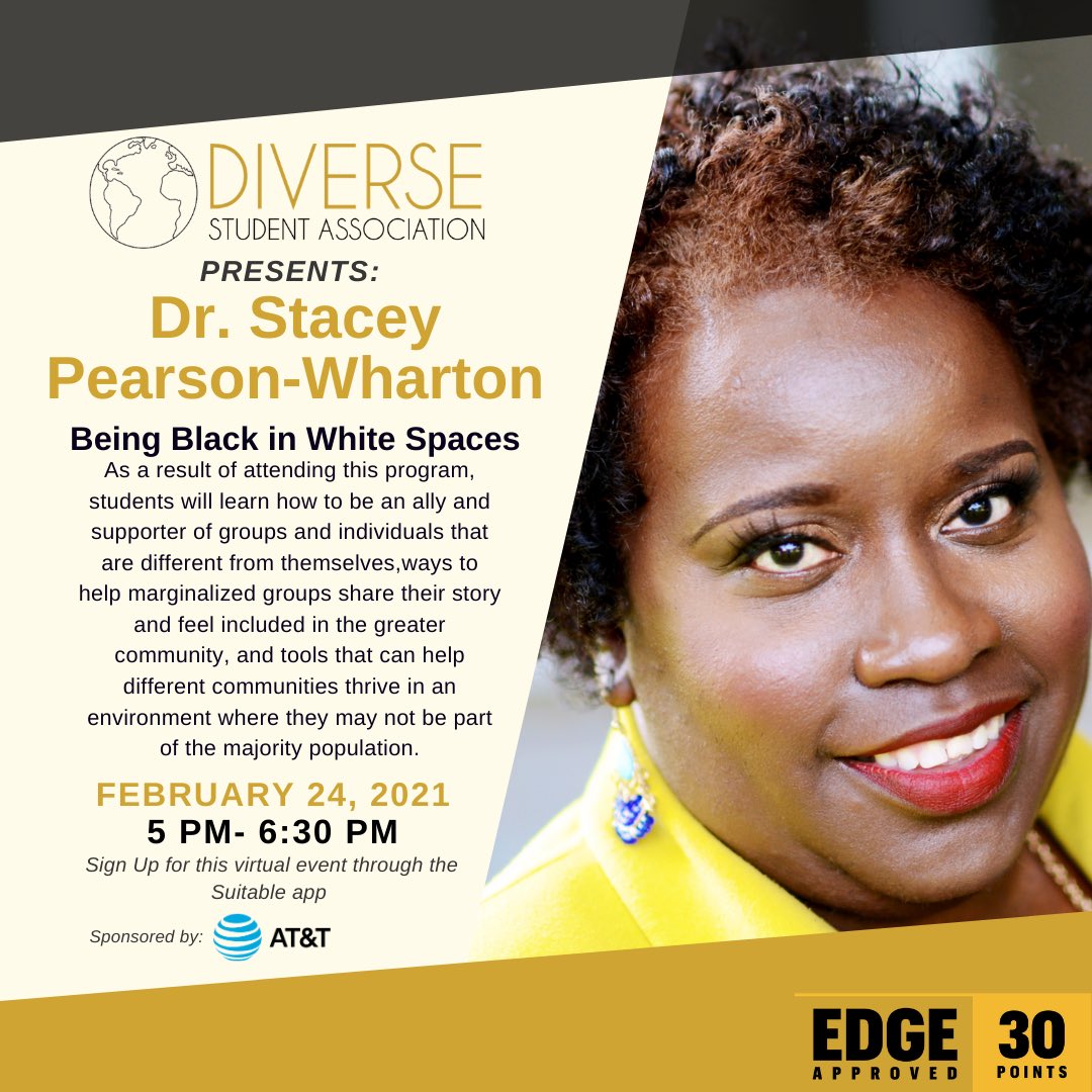 MizzouBusiness's tweet image. Need Edge Points!? 🌟 Join the Diverse Student Organization on Wednesday, February 24th from 5-6:30pm and hear from Dr. Stacy Pearson-Wharton! You can register through the Suitable app!  #MIZ #EdgePoints #Event #Diversity
