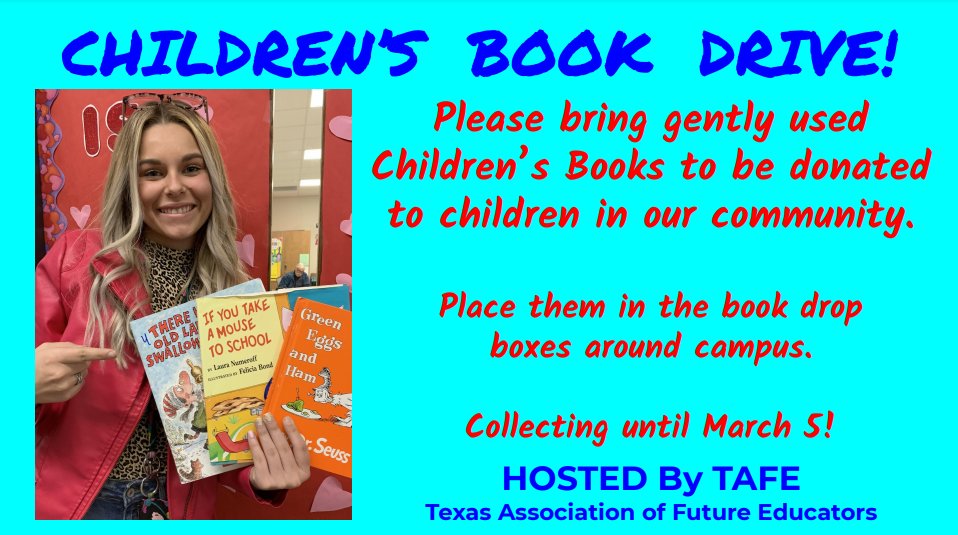 WISD_CTE's tweet photo. Children's Book Drive hosted by #whstafe is going on now through spring break! Please bring your gently used books by the campus. We have a box by the CTE entrance as well!!
@WISD_CTE @WaxahachieHS @WaxahachieISD #TAFE #read #booksaregreat #childrensliteracy #ChildrensBooks https://t.co/wYmDQEBZJ5