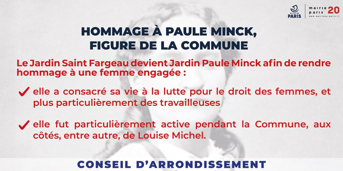 Mairiedu20's tweet photo. Le Conseil d’arrondissement de #Paris20 rend hommage à Paule Minck, journaliste, #communarde et #féministe en donnant son nom à l'un des parcs du 20e.

#CA20 #CommuneDeParis #150Ans #DroitsDesFemmes #LouiseMichel #PauleMinck https://t.co/oA2GqaeEAu
