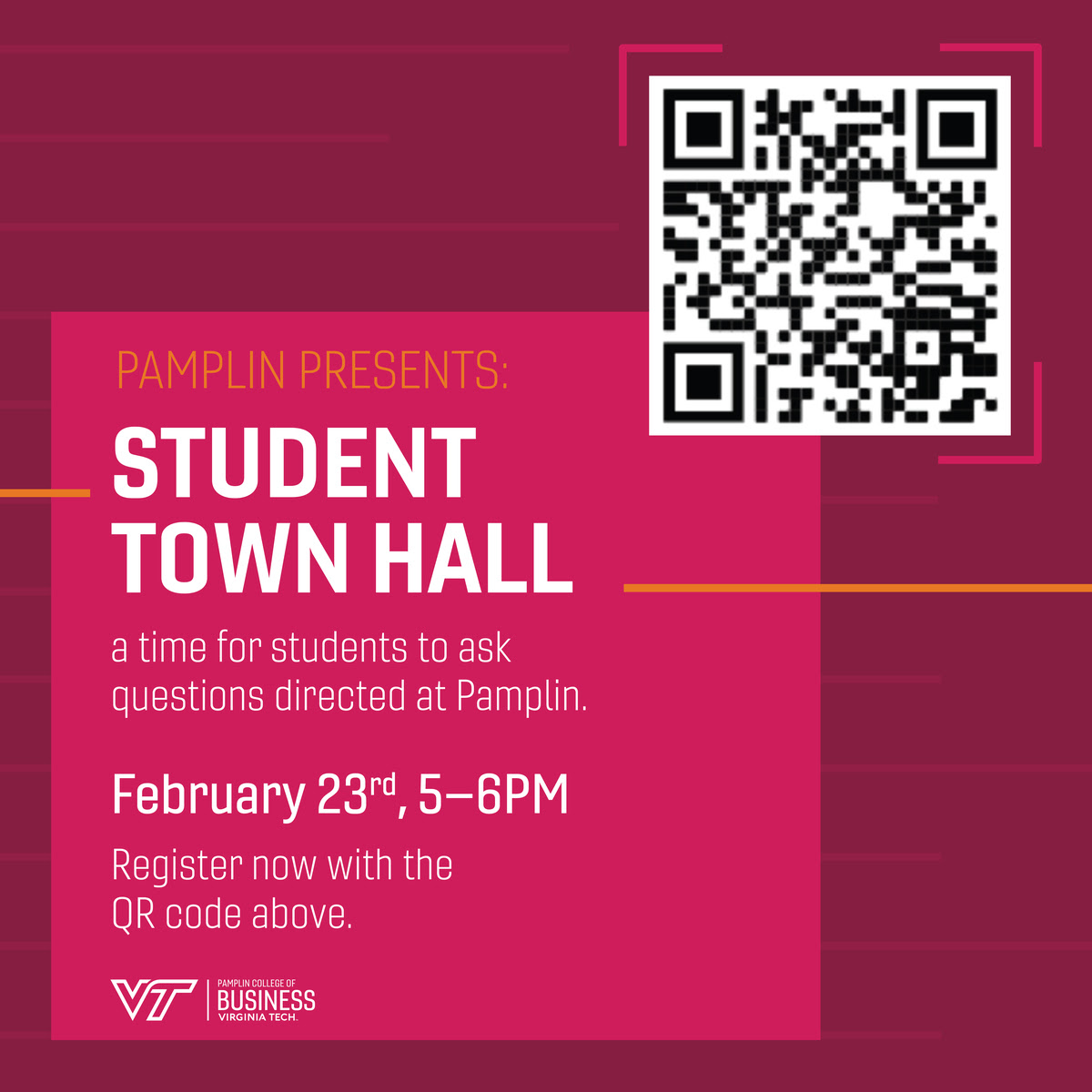 VTPamplin's tweet photo. Tomorrow from 5 - 6 pm is the first ever Student Town Hall lead by Dean Sumichrast and Dean Khansa! This is a great opportunity for undergraduate students to ask any questions related to VT (graduation, study abroad, etc.). To join please register here:  https://t.co/RQyinjmitt https://t.co/4lK3BIVwHd