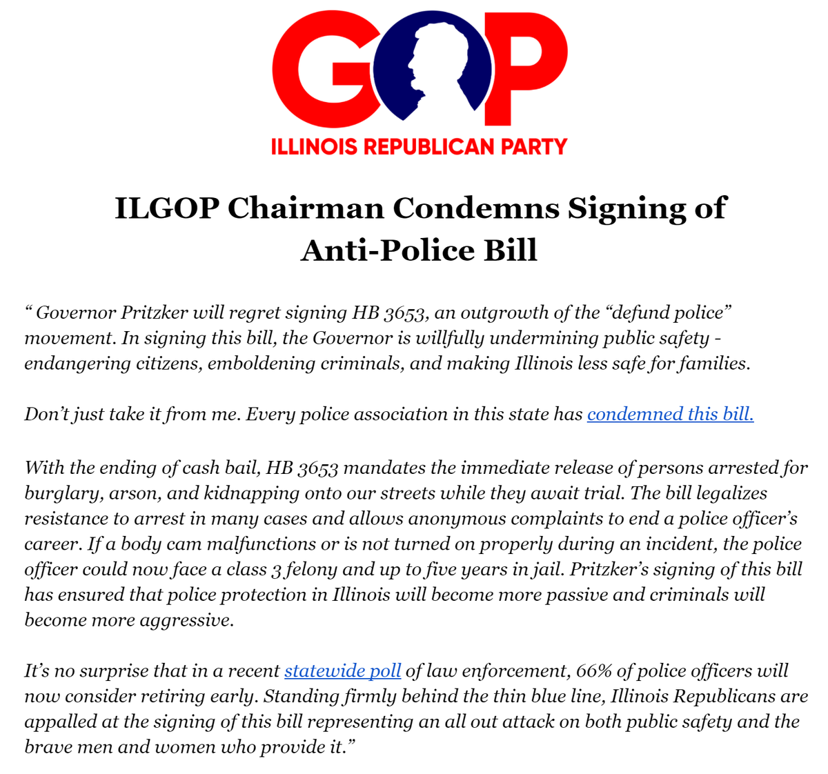 ILGOP's tweet photo. BREAKING: PRITZKER SIGNS ANTI-POLICE BILL #twill

If this makes you angry, join the movement to end JB's reign in 2022 at >> https://t.co/pDoEOWrO0h https://t.co/LiGMCkE5Ra