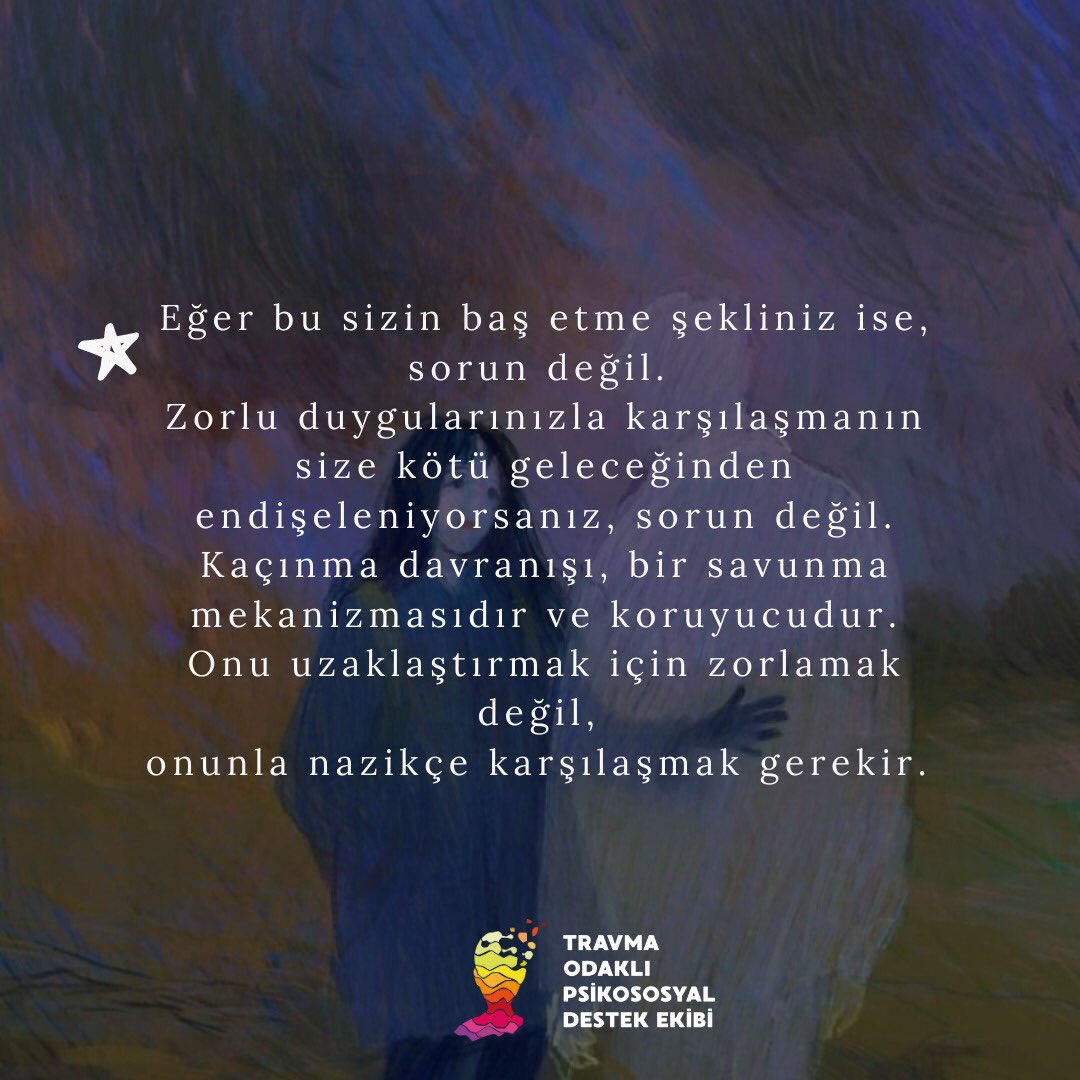travmaekibi's tweet photo. "Kaçınma davranışı çoğunlukla farkındalığımız dışında gerçekleştirdiğimiz acıyı hissetmekten kaçınmak için duygularımızı bir kenara koyma davranışıdır."
•
Çeviri: İsminaz Doğan
•
Kaynak: @movingpartspsychotherapy 
•
#kaçınma 
#travma 
#travmaodaklıpsikososyaldestekekibi https://t.co/SwGxBUNuCL