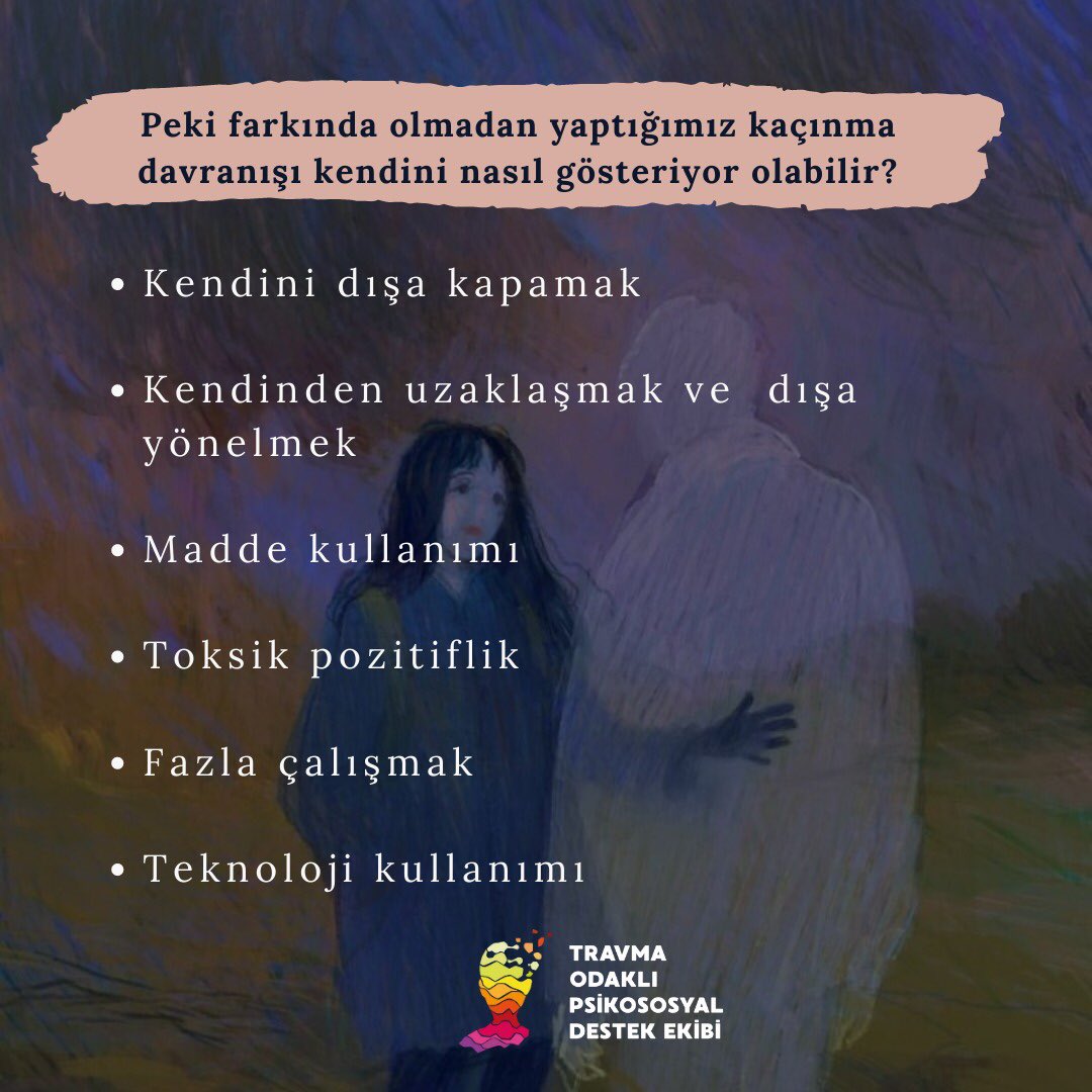 travmaekibi's tweet photo. "Kaçınma davranışı çoğunlukla farkındalığımız dışında gerçekleştirdiğimiz acıyı hissetmekten kaçınmak için duygularımızı bir kenara koyma davranışıdır."
•
Çeviri: İsminaz Doğan
•
Kaynak: @movingpartspsychotherapy 
•
#kaçınma 
#travma 
#travmaodaklıpsikososyaldestekekibi https://t.co/SwGxBUNuCL