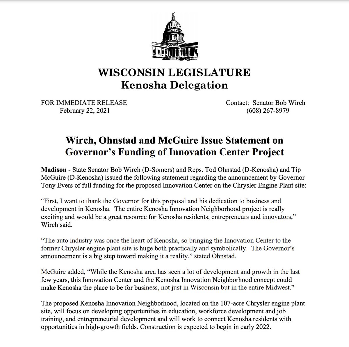 Today Governor Evers announced he is proposing a major investment in Kenosha. The Kenosha STEM Innovation Center project will be located at the former Chrysler site and will focus on growing opportunities in education, workforce development and job training, and entrepreneurship.