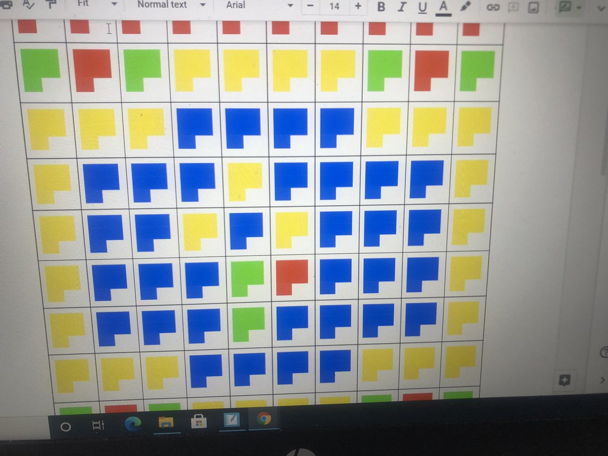 kristadgoulding's tweet image. Learning about Percent. Students were given a selection or ratios, decimals and fractions and asked to find the percent and then represent the colors on a quilt of 100 patches! Super impressed! @NLESDCA @BishopFeild #asynchronouslearning