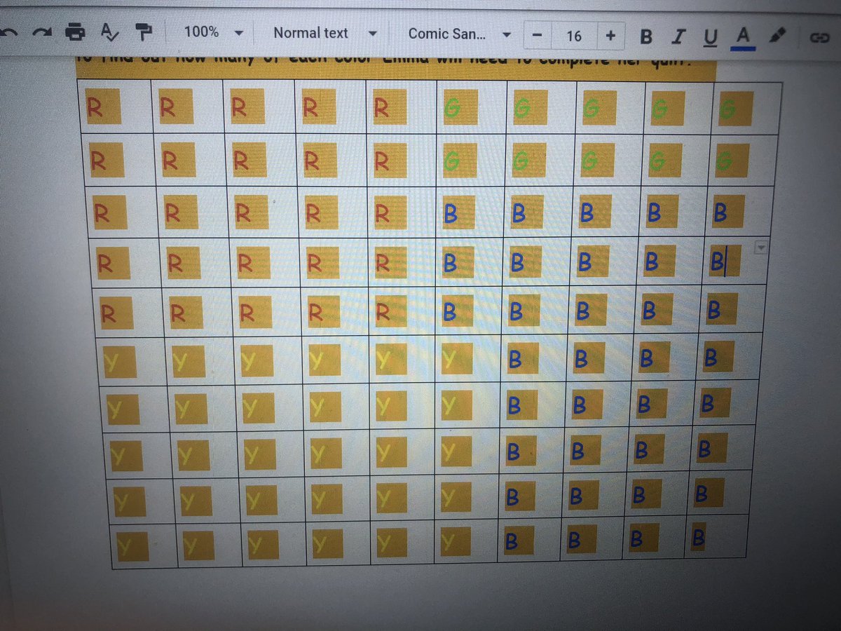 kristadgoulding's tweet image. Learning about Percent. Students were given a selection or ratios, decimals and fractions and asked to find the percent and then represent the colors on a quilt of 100 patches! Super impressed! @NLESDCA @BishopFeild #asynchronouslearning