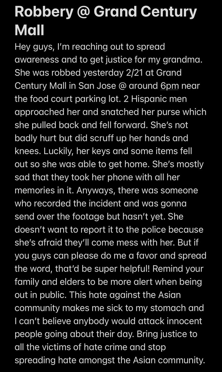 _xkathytran's tweet photo. My grandma was robbed at Grand Century Mall in San Jose by 2 Hispanic males. Help me spread awareness and get justice for her! Stop hate crimes against the Asian community especially against elders who are defenseless... #asian #hatecrime https://t.co/H69dQ0QNDp