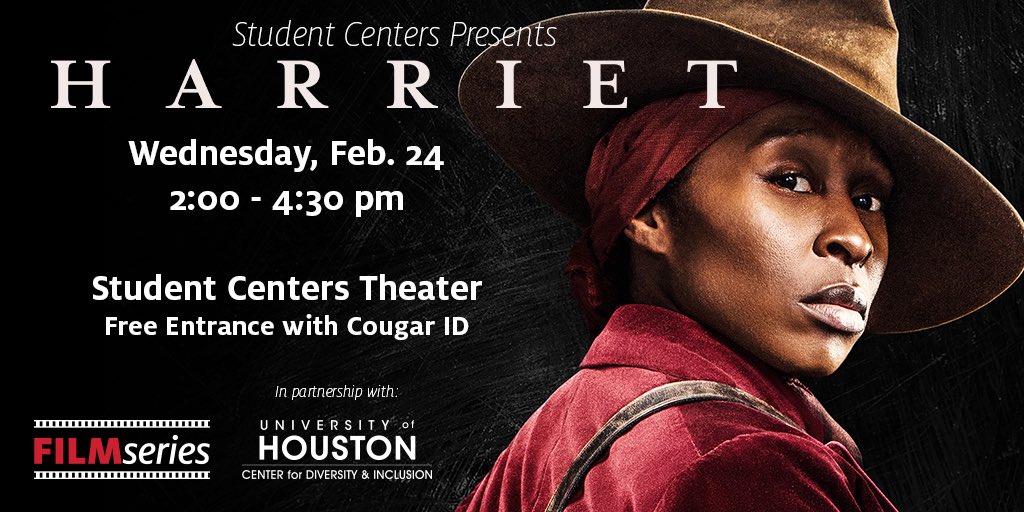Hey Coogs! Join us THIS Wednesday from 2-4:30 in the SC Theater for a FREE screening of Harriet for this month’s Film Series celebrating Black History Month. We are partnering with the Center for Diversity and Inclusion for discussion after the film. There will be free popcorn!
