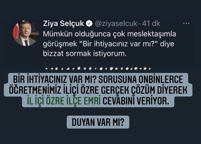 <a href="/tcmeb/">Millî Eğitim Bakanlığı</a> <a href="/ziyaselcuk/">Ziya Selçuk</a> Sn. Bakanım 
ZiyaSelçuk İliçiÖzrüDuy un

Yönetmelikte il ve ilçe emri olmadığı halde il dışı özre il emri verilebiliyorsa,
İl içi özre de #ilçeemri verilmelidir.

HaK ve Adalet istiyoruz
<a href="/RTErdogan/">Recep Tayyip Erdoğan</a> <a href="/tcbestepe/">T.C. Cumhurbaşkanlığı</a> <a href="/EmineErdogan/">Emine Erdoğan</a> 
<a href="/ziyaselcuk/">Ziya Selçuk</a> <a href="/safran1958/">Mustafa SAFRAN</a> <a href="/omerinan06/">Ömer İNAN</a> @demiiryakup