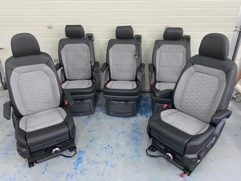 VisionLeisure's tweet photo. A pair of the latest VW Crafter Comfort Captain seats and three rear caravelle swivel captain seats in nappa leather and nubuck fabric with our horizontal stretch honeycomb design, with matching top stitching giving a very classy set of seats. #vwupholstery #autotrim #autotrimmer https://t.co/sRKWBL9S2U