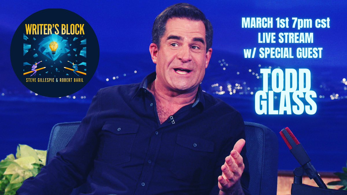 One week away from our next live stream of the <a href="/writersBLCKpod/">WRITER'S BLOCK PODCAST</a> with special guest <a href="/ToddGlass/">Todd Glass</a>!!!! Check the link on my profile to get to the show!!!