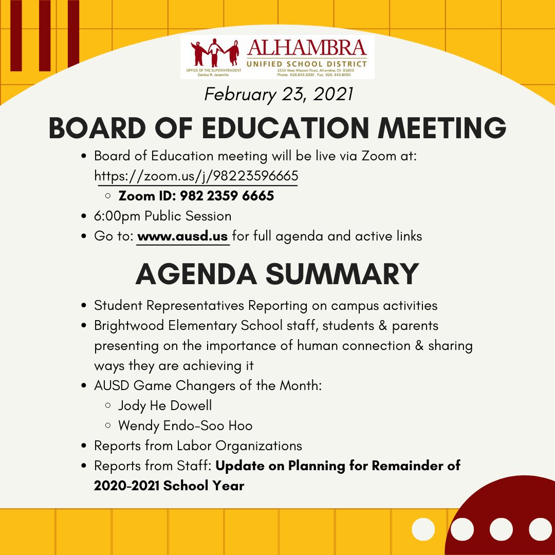 KaysaMoreno's tweet photo. Join us! @alhambrausd Board of Education meeting, Tuesday, Feb. 23rd. 
Public session begins at 6:00pm.
Meeting will be live via Zoom at: https://t.co/0K0efW5qrA
*Zoom ID: 982 2359 6665.
Go to: https://t.co/Jy20PEzx7x for full agenda &amp; active links https://t.co/oQdh0cLCxz