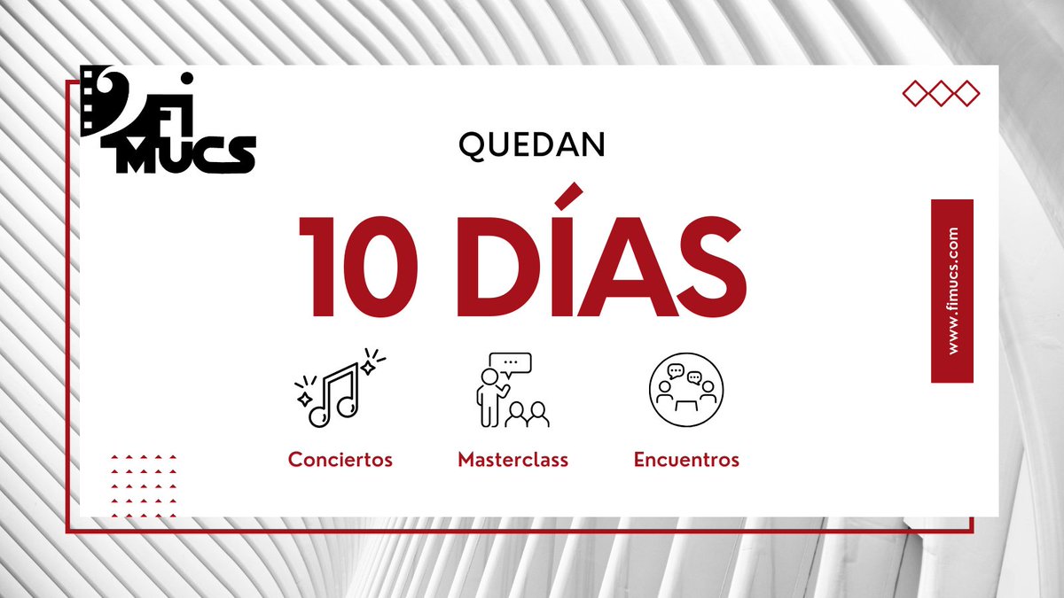 fimucs's tweet photo. Comienza la cuenta atrás, ¡quedan 🔟 días!
🚩 #FIMUCS llegará el próximo 4 de marzo para promover, difundir y formar en música para #cine, #TV y #videojuegos
(+) https://t.co/WKZKnITHKj