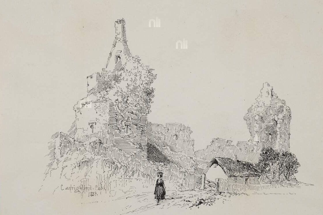 A lovely drawing of Carrigaline Castle, County #Cork in the 1830s from the collections of the National Library. Without urgent remedial action, this medieval structure on the site from which Carrigaline town takes it name will fall down completely. See corkarchaeologist.com/the-good-the-b…