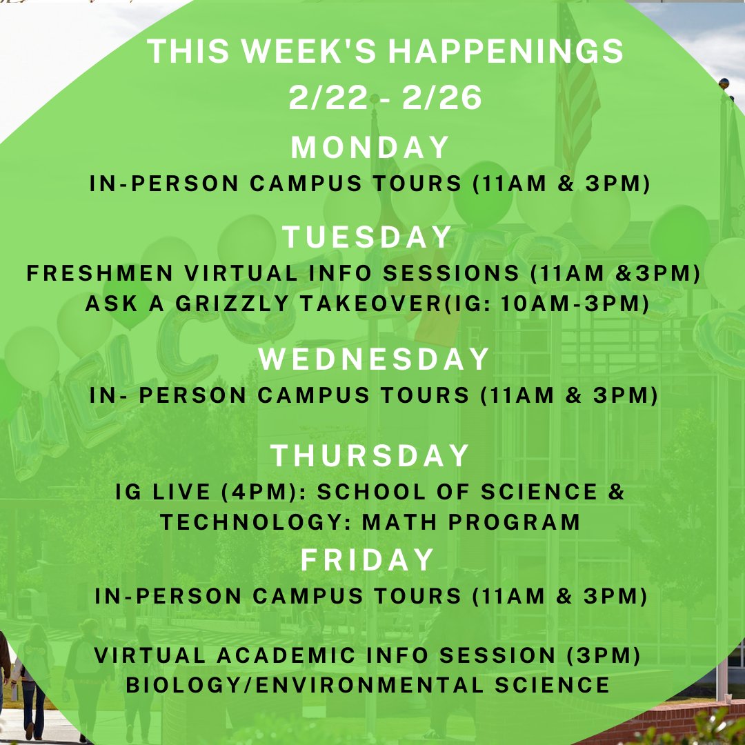 Its a brand new week and we have a lot of exciting ways for you to get connected with GGC! Whether you take an in-person campus tour, join a virtual info session or tune in to our Instagram Live, you're sure to experience what GGC is all about! Register at ggc.elluciancrmrecruit.com/Apply/Events