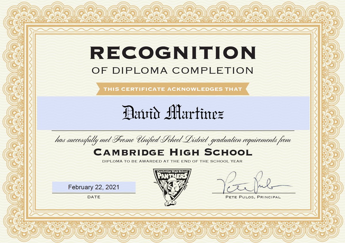 Cambridge High School is proud to announce David Martinez as our newest graduate. Way to go David!!! Who's next?? Go Panthers!! <a href="/fresnounified/">Fresno Unified</a> <a href="/CCEAeducation/">CCEA Plus</a> <a href="/center_erc/">Educational Resource Center (ERC)</a> <a href="/MommaLoew/">Leslie Loewen</a> <a href="/EdgenuityInc/">Edgenuity (now Imagine Learning)</a>
