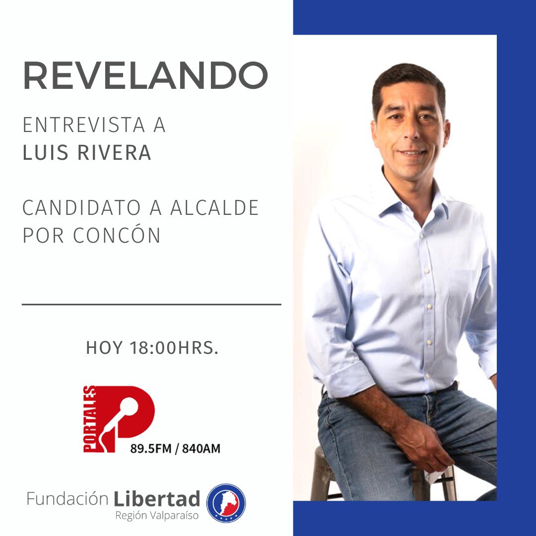 FLVchile's tweet photo. Hoy en el programa “Revelando” de Radio portales Valparaíso entrevistaremos Luis Rivera (@LuiRivera) candidato a alcalde por Concón.

Sintonízanos desde las 18:00hrs!

#FLV https://t.co/McWYohMfJR