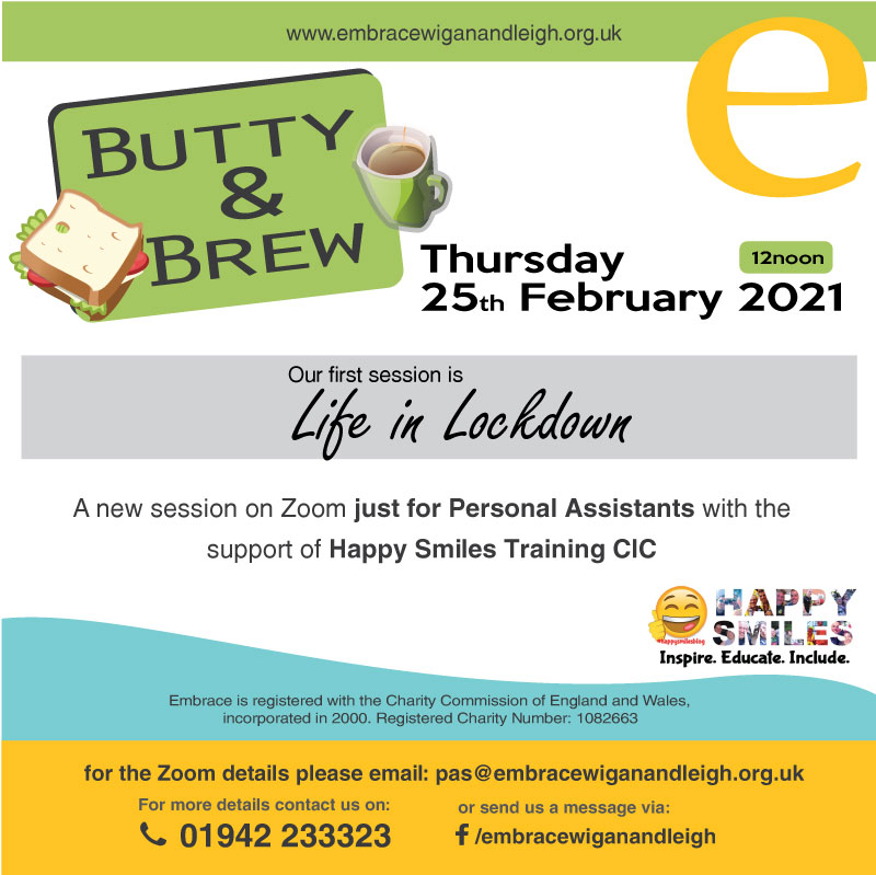 This Thursday at 12pm, we will be hosting a zoom session exclusively for Personal Assistants. Come and join us for a brew, and tell us what being a PA in lockdown is like. To join email:  pas@embracewiganandleigh.org.uk.