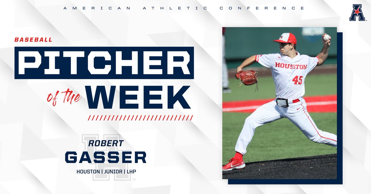 Robert Gasser of <a href="/UHCougarBB/">Houston Baseball</a> is this week's Pitcher of the Week after striking out 7 batters over 5 innings while not allowing an earned run in a W over Texas Southern!