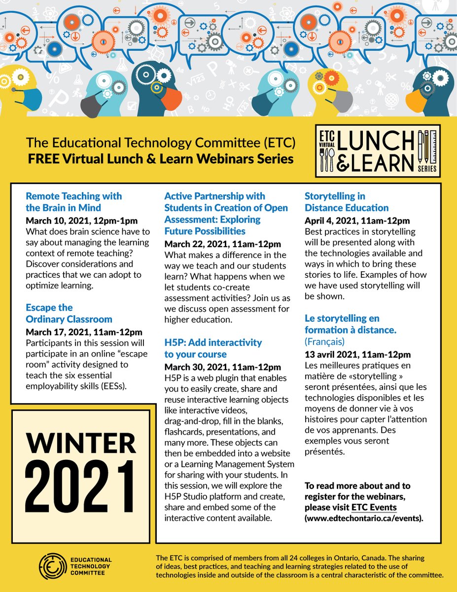 ginacatenazzo's tweet photo. Winter 2021 ETC Virtual Lunch &amp; Learn Series starts March 10th, 12pm @edtechontario @Humber_TLS @LTSAlgonquin @cambrianhub @TLConestoga @FanshaweTeach @FlemingLDS @Georgian_CTL @LoyalistCATL @MohawkCTL @Seneca_TandL  #highereducation #lunchandlearn #Ontario #edtech #EdTechMonday https://t.co/mcKEUPgpDv