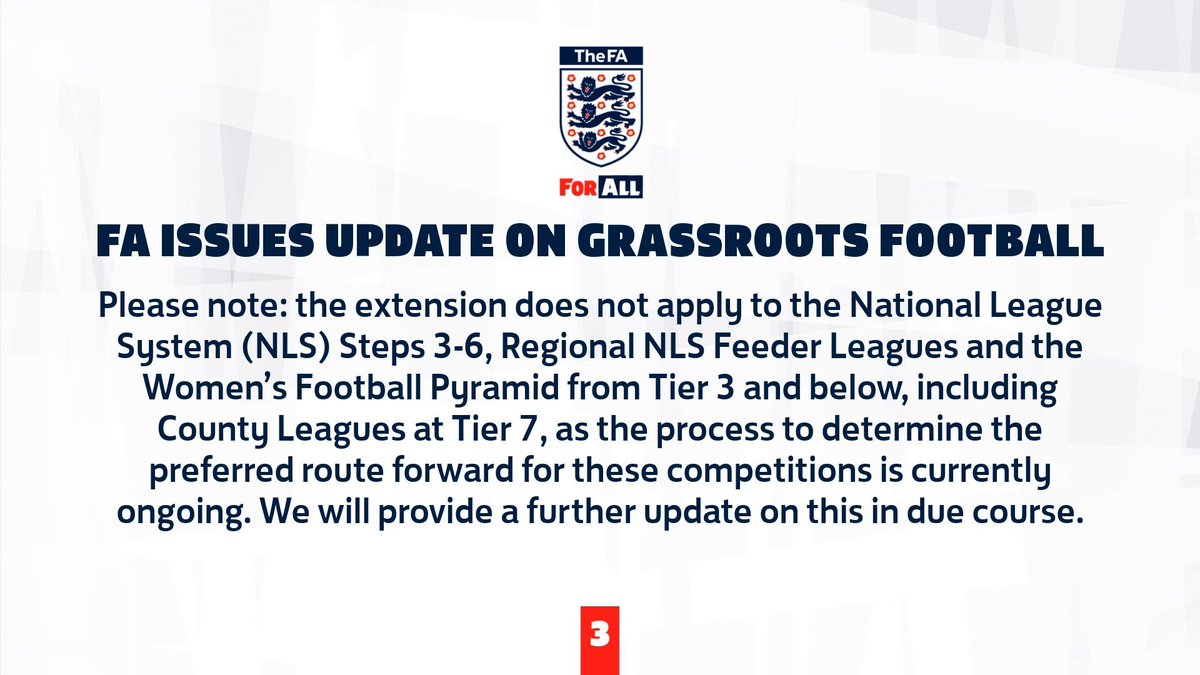 The FA has extended the grassroots season until the end of June "in order to provide additional flexibility and time for leagues to complete their fixtures this season if they wish".

This does NOT apply to non-league Steps 3-6, Regional Feeder Leagues or Women's Tiers 3-7.