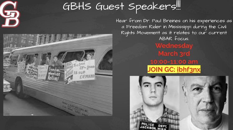Free on 3/3 at 10:00am? Come to <a href="/GBHSaacps/">Glen Burnie High School</a> to hear from our school-wide Guest Speaker Dr. Paul Breines!! A former Freedom Rider discussing his experiences to connect our past to present ABAR work! Bring questions! Join GC: ibhf3nx <a href="/AACountySchools/">AACPS</a> <a href="/ScottMcGuire85/">Scott McGuire</a> <a href="/OEASAaacps/">Office of Equity</a>