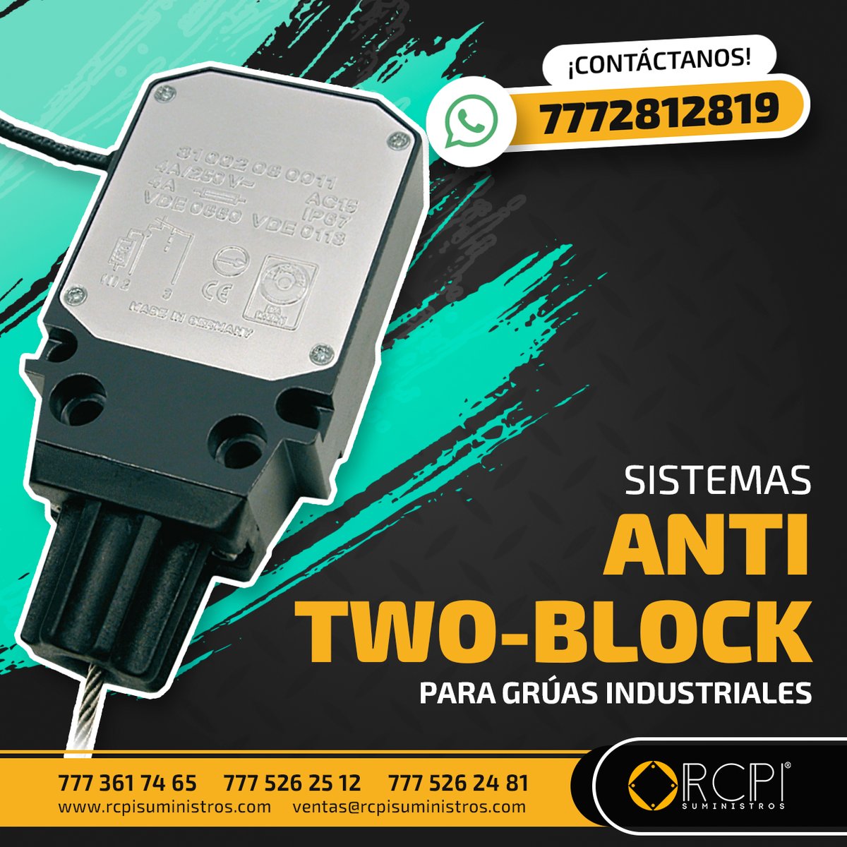 RCPI_Suministro's tweet photo. Proveemos sistemas anti two block y componentes para que la seguridad de tu grúa industrial no sea un problema.

Escríbenos o llámanos para solicitar tu cotización:
✅ Whatsapp https://t.co/TvHduV8qtl
📞 Oficinas: 7773617465 y 7775262481
🌐 https://t.co/oxm8q0tFxj https://t.co/ursPBT1wnV