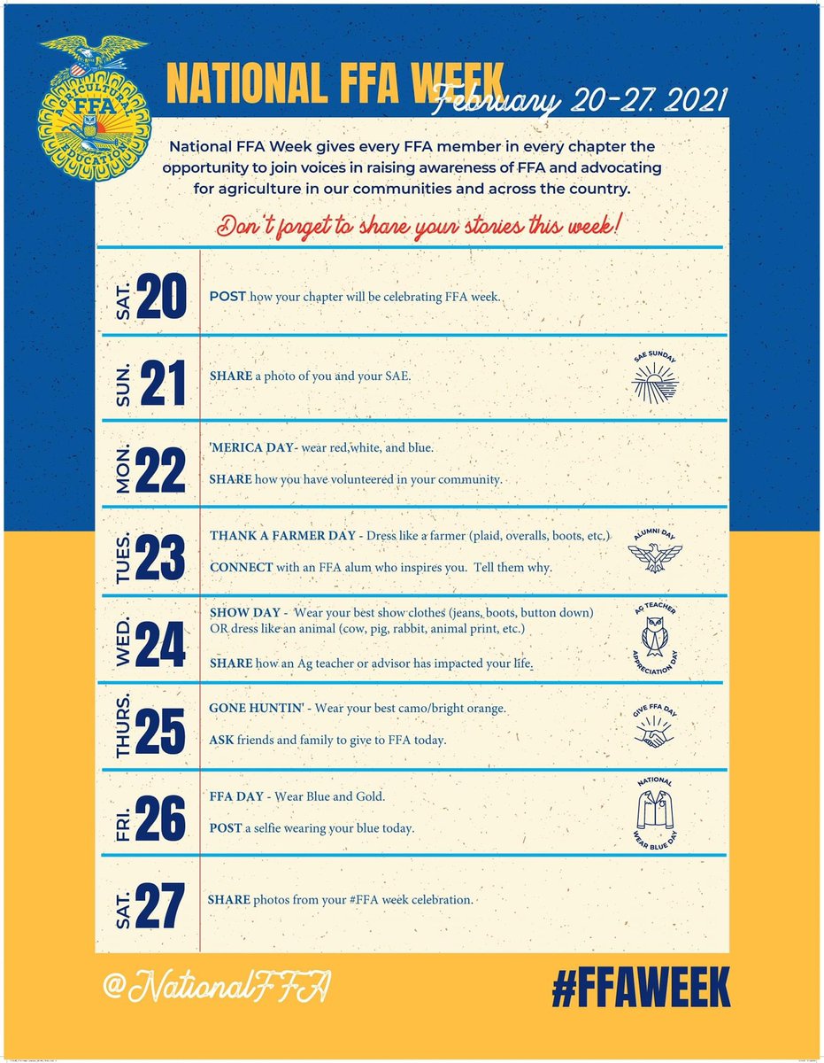 It’s National FFA Week! Help us celebrate with these dress up days!! <a href="/CteHill/">CHHS CTE</a> @K_Harris_CHISD <a href="/ChapelHill_ISD/">Chapel Hill ISD</a> <a href="/jccaldwell72/">Jason Caldwell</a> <a href="/ChristyWMurray/">Christy Murray</a> <a href="/dean_chisd/">Lamond Dean</a>