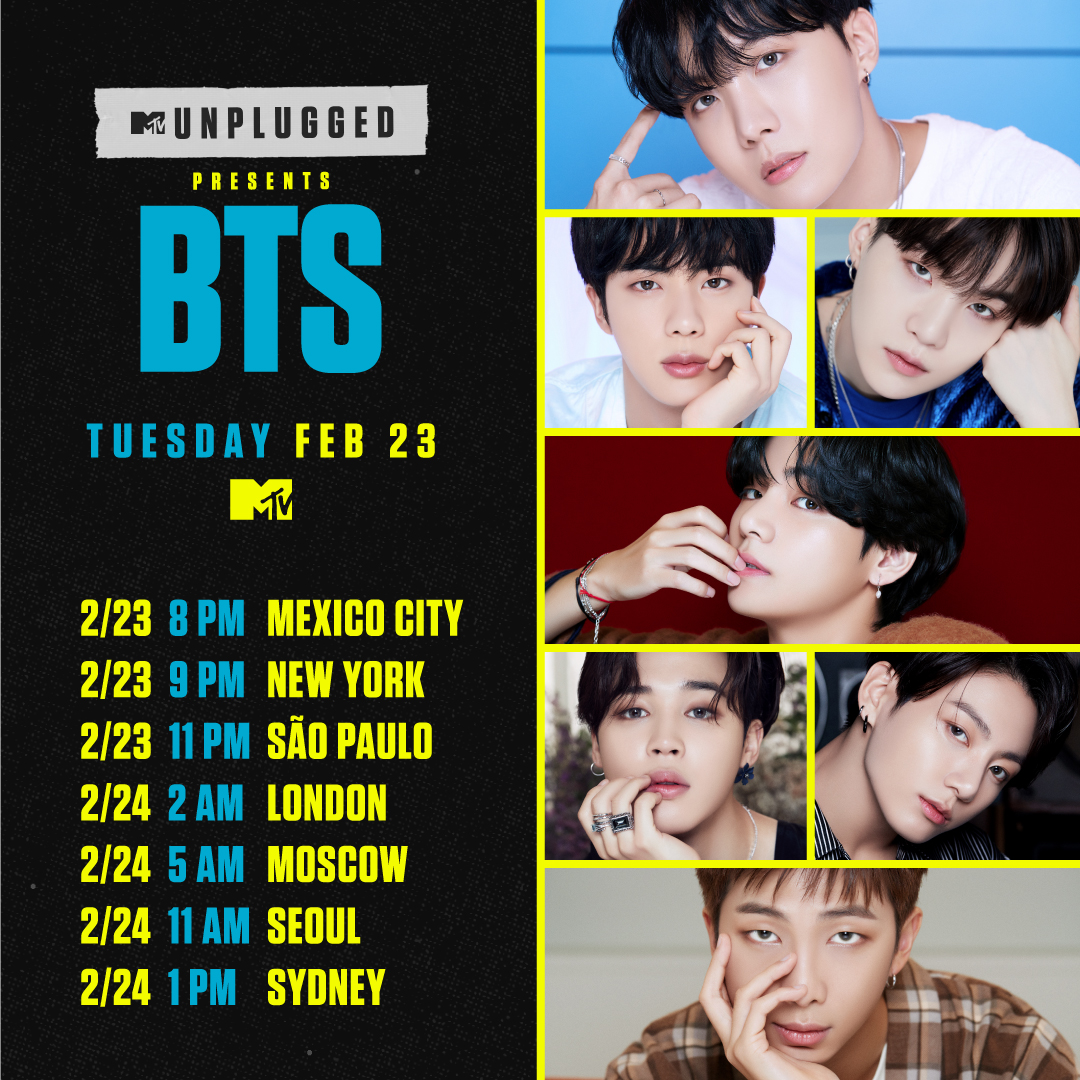 MTV's tweet photo. 💜 TONIGHT 💜 @BTS_twt is taking over with their #MTVUnplugged performance! 

Check your timezone to see when you can watch #BTSonMTV! 👀👇 https://t.co/Ughy2woor8