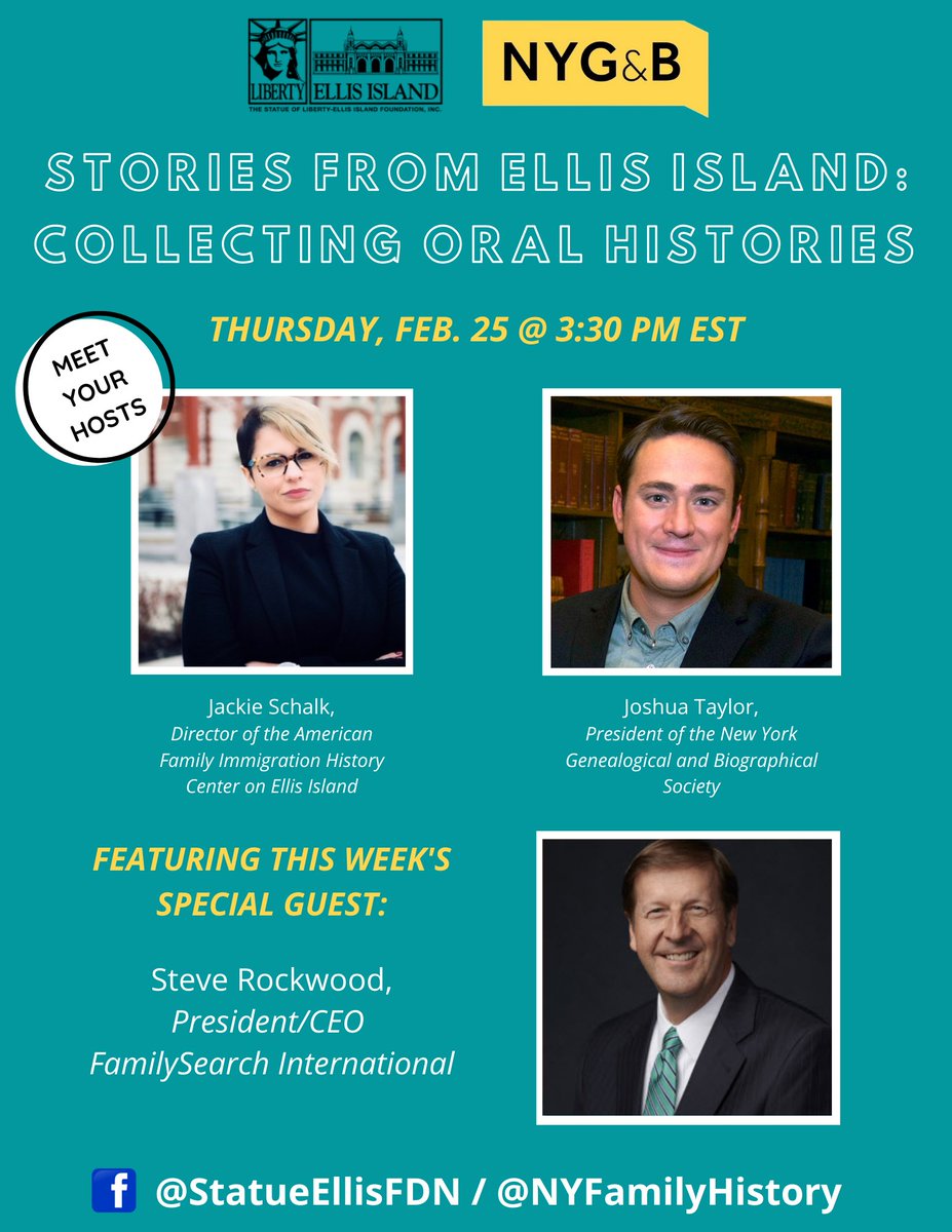 Thursday on "Stories From Ellis", hosts chat w/ Steve Rockwood, CEO &amp; President of <a href="/FamilySearch/">FamilySearch</a>! Celebrate the start of <a href="/RootsTechConf/">RootsTech</a> with a special chat about the role of genealogists and emotional connections made during research! 2/25 @ 3:30PM EST! 🗽 Facebook.com/StatueEllisFdn