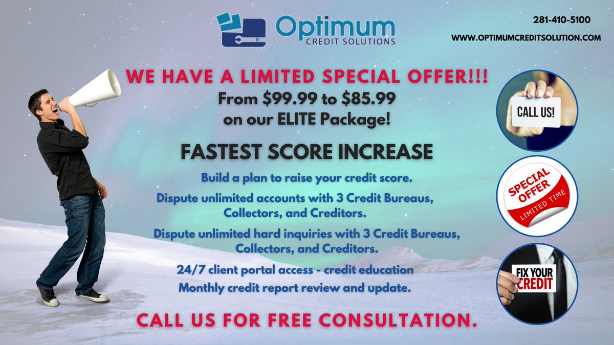 fastcredtrepair's tweet photo. Are you ready to fix that credit score that's been weighing you down?
LIMITED SPECIAL OFFER for you!
Call us and let us start working on your credit!
☎ 281-410-5100
https://t.co/0zOygOZgex
#creditscoresmatter #creditexpert #nodebt #creditgoals #creditcarddebt https://t.co/mUznjVC8Bf