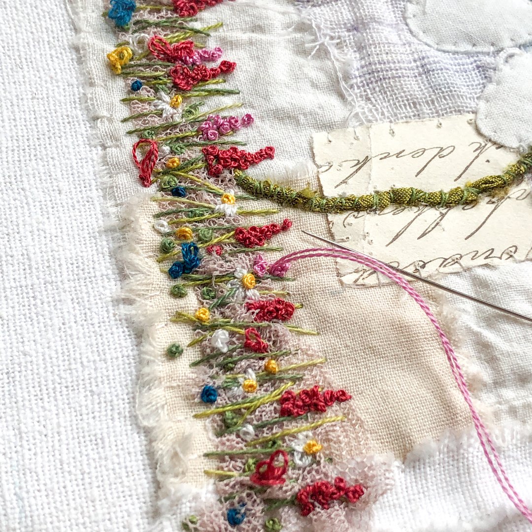 It’s always at this point that the rhyme ‘Mary, Mary quite contrary, how does your garden grow...’ starts to go round and round in my head as I sew! . . . #textileart #textilecollage #mixedmediaembroidery #mixedmediaart #embroideryart #embroidery #fabric #christiancreativ