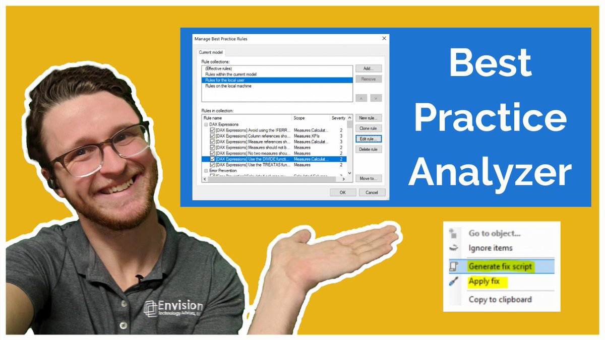 envisiontech's tweet image. Earlier this month, the official @MSPowerBI blog posted for the first time about the Best Practice Analyzer. 

In our most recent #video, @KyleAMueller2 discusses what the #BestPracticeAnalyzer is, how it&apos;s used, &amp;amp; why it matters: youtu.be/8rQirzuQjGY 

#microsoft #powerbi