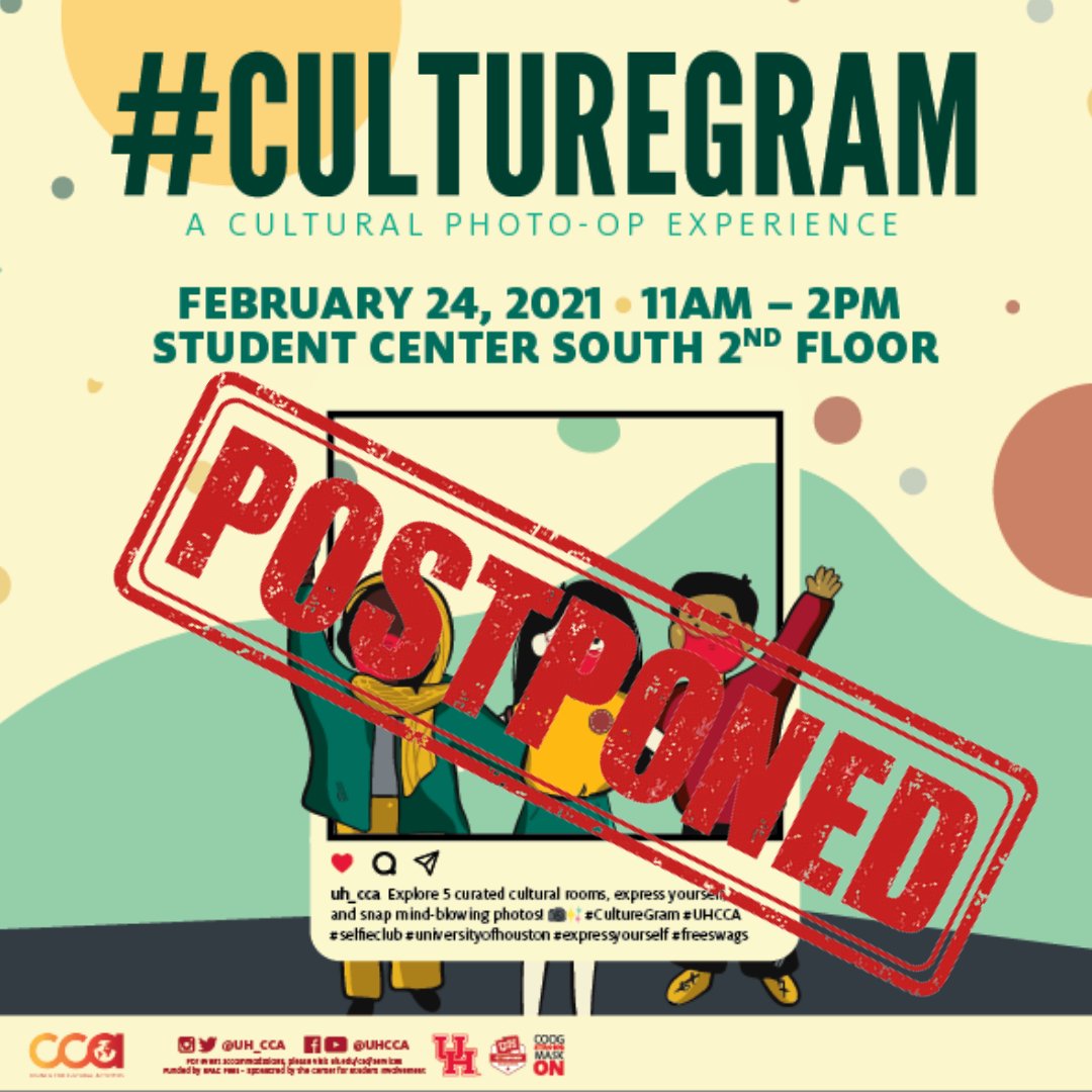 Hey y'all! We hope you are staying safe and warm. Unfortunately #CultureGram has been postponed in light of the recent weather events. The new date will be Wednesday, March 10, 2021 from 11AM-2PM. 🗓
We hope to see you then! 🎉✨

#culturegram2021 #culturegram #uhcca
